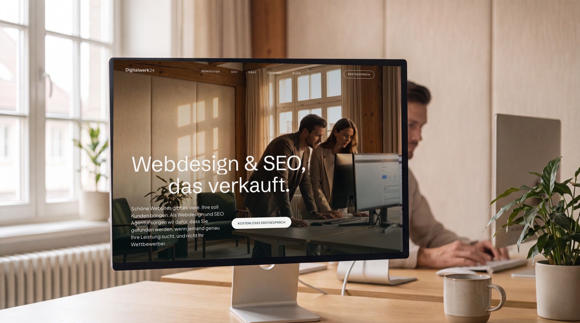 Einblick in die Arbeit von Digitalwerk24: die eigene Website auf einem Monitor im hellen Agentur-Studio