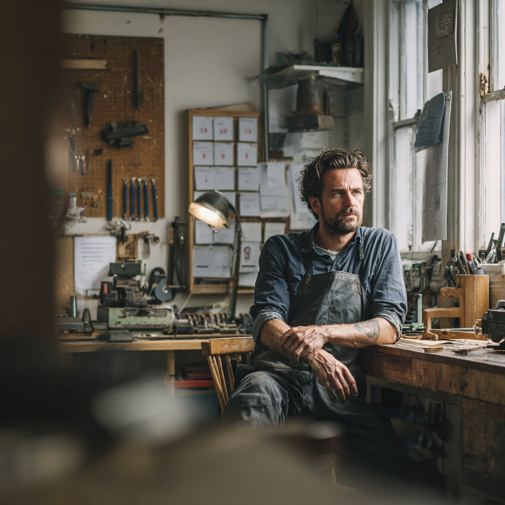 Nachdenklicher Handwerker sitzt in seiner Werkstatt und wartet auf Kundenanfragen – fehlende Online-Sichtbarkeit kostet Aufträge