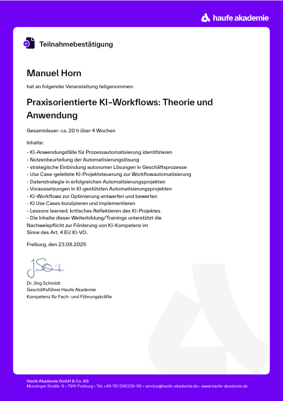 Haufe Akademie Teilnahmebestätigung Praxisorientierte KI-Workflows – Manuel Horn, Digitalwerk24