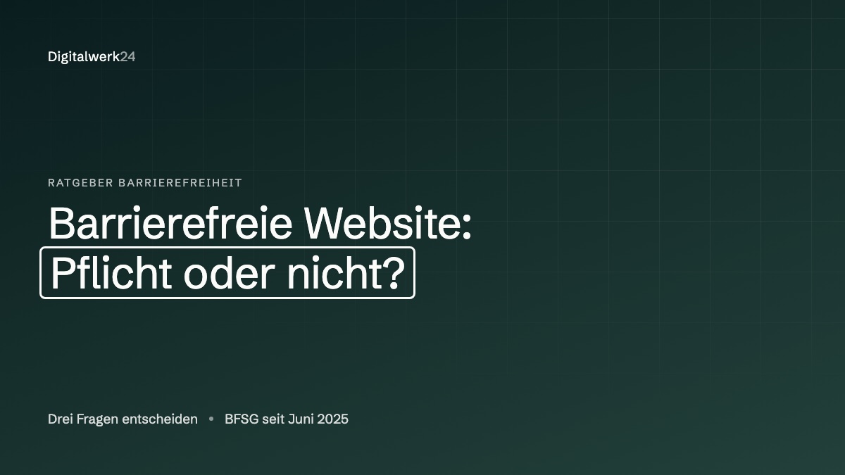 Schriftzug „Barrierefreie Website: Pflicht oder nicht?" mit einem Tastatur-Fokusrahmen um die Frage.