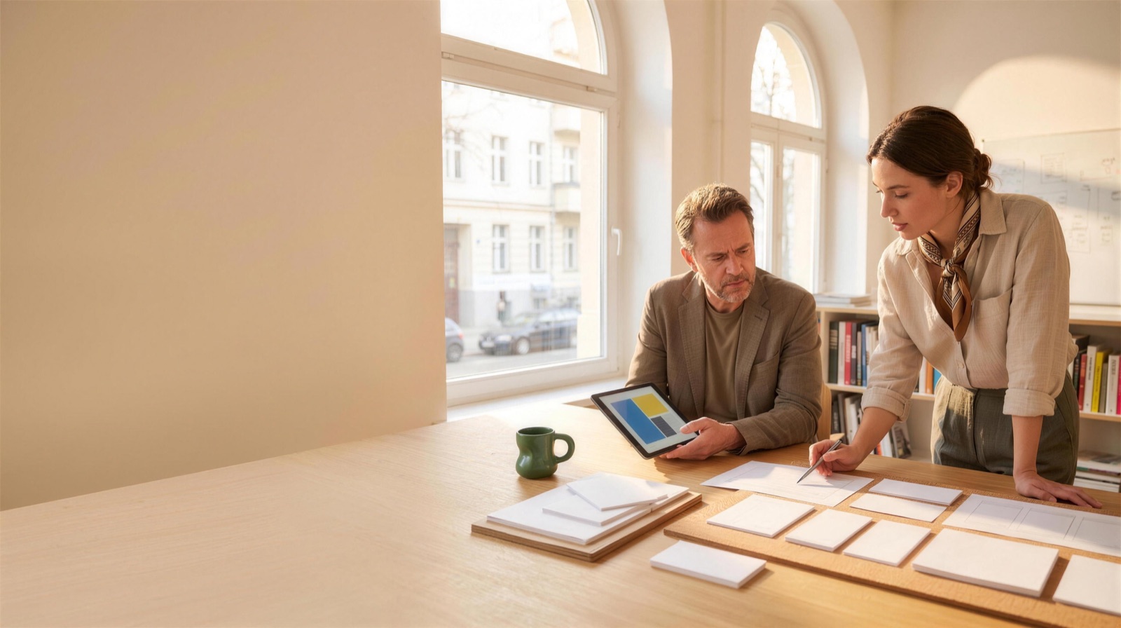 Webdesignerin und Unternehmer entwickeln gemeinsam die Struktur einer Website.