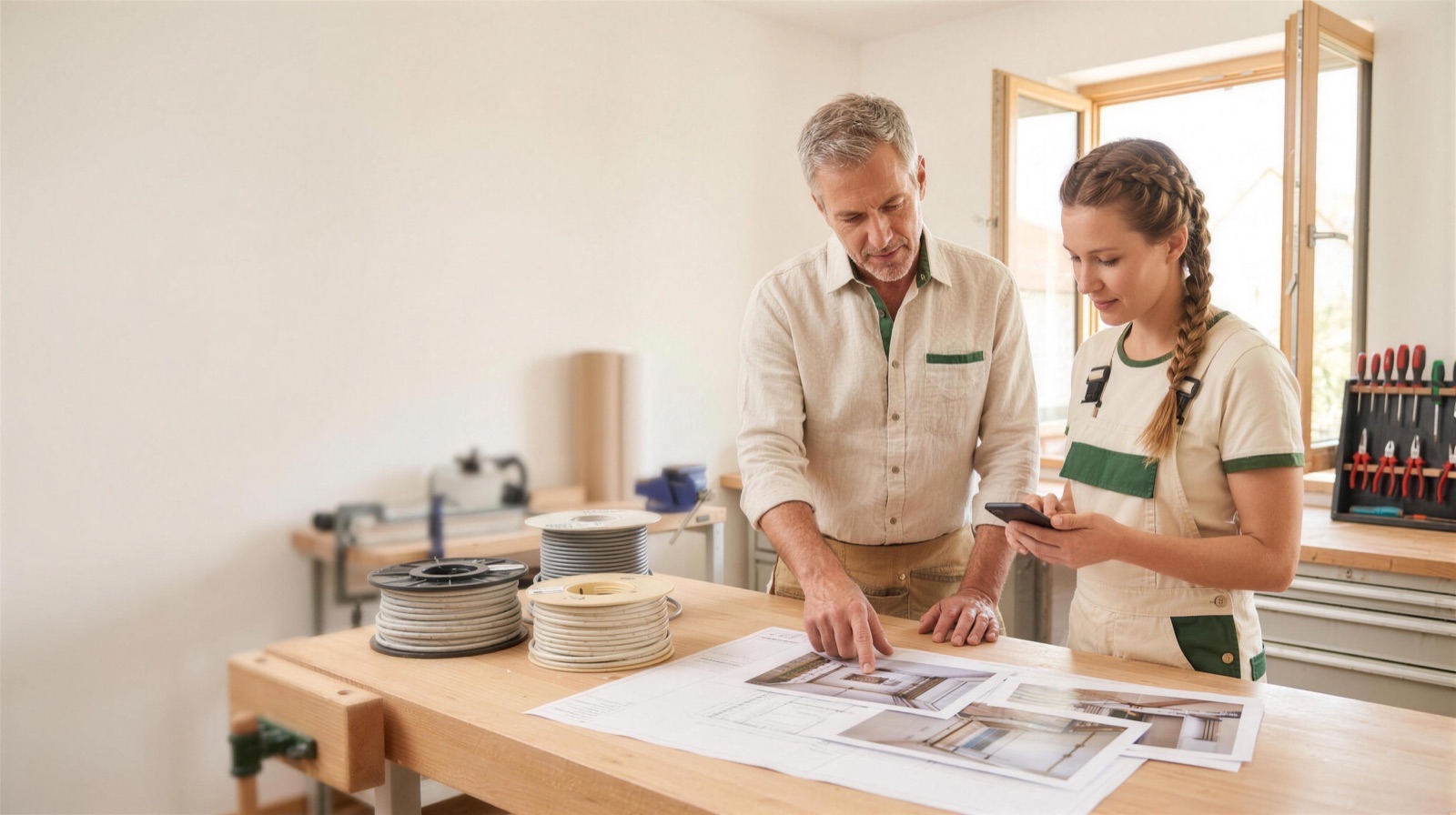 Zwei Handwerker besprechen einen Maßnahmenplan an der Werkbank.