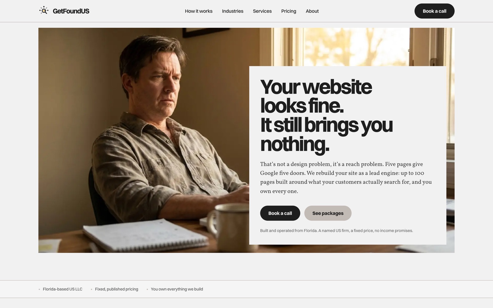 Startseite von GetFoundUS: Foto eines Mannes am Schreibtisch mit der Überschrift „Your website looks fine. It still brings you nothing.“