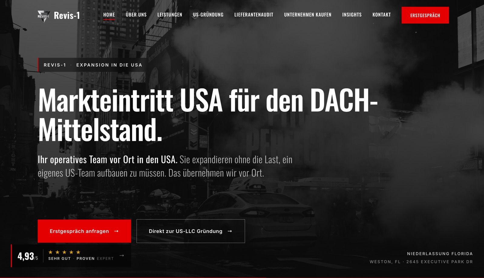 Startseite von Revis-1: New Yorker Straßenszene mit der Überschrift „Markteintritt USA für den DACH-Mittelstand“.