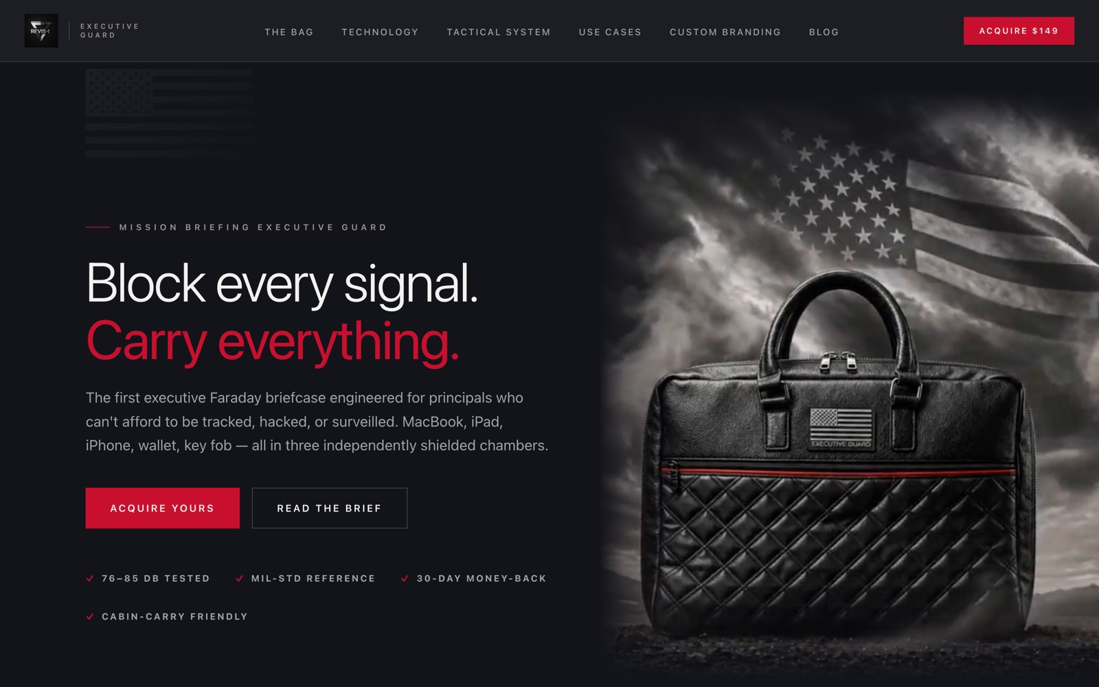 Startseite von Executive Guard: dunkle Produktinszenierung einer Aktentasche mit der Überschrift „Block every signal. Carry everything.“