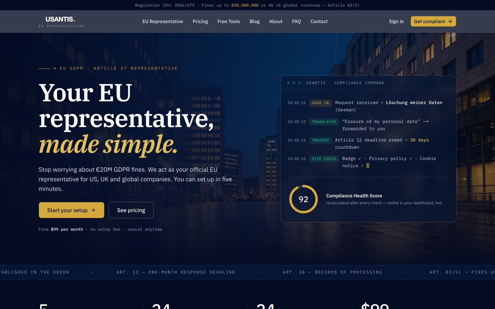 Startseite von Usantis: nächtliche Bürokulisse mit der Überschrift „Your EU representative, made simple“ und einem Compliance-Dashboard.